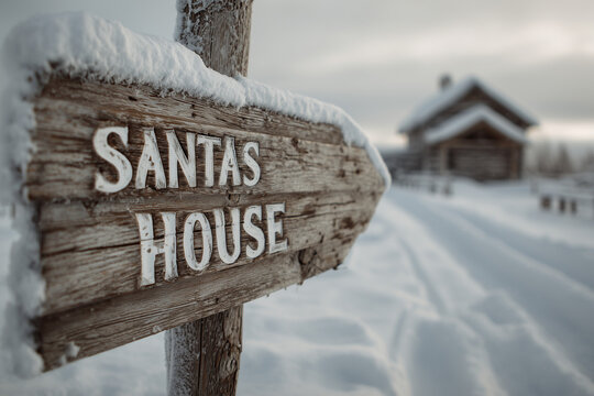 wooden sign in snow santas house