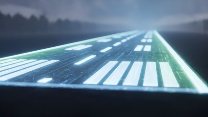 A vibrant, digitally illuminated airport runway at night, stretching into the foggy distance, symbolizing advanced aviation technology and the journey of modern air travel