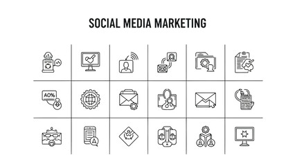 Vector illustration of collection of social media marketing icons, representing various aspects of digital strategy and online presence