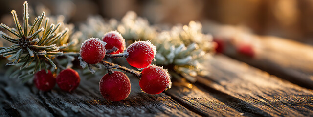 Frosted red berries and pine needles on weathered wood surface in winter light