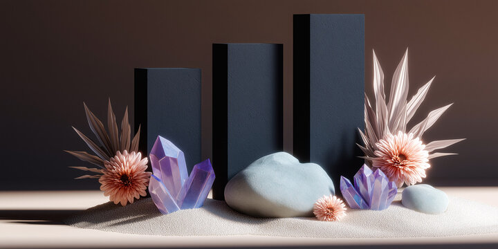 Surreal composition with black pillars, pastel crystals, pink flowers, and metallic leaves on sand. Ideal for branding, design, and commercial use with a modern-natural fusion aesthetic.