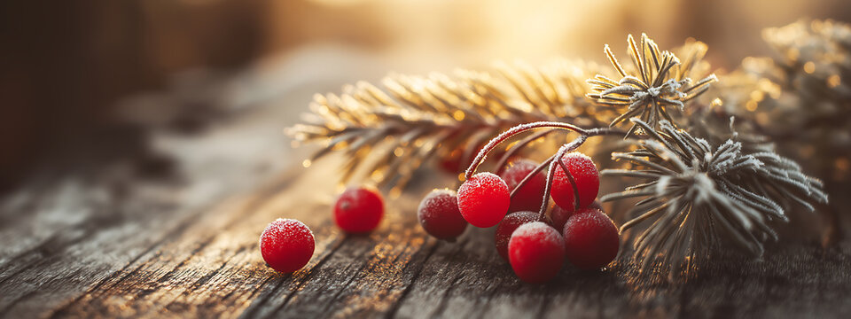 Frosted red berries and pine needles on a rustic wooden surface in sunlight