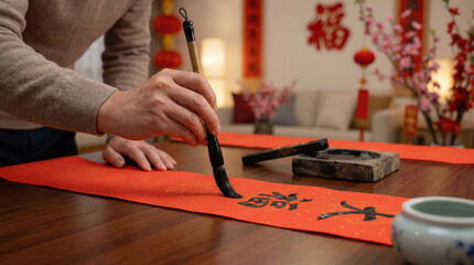 Celebrating Chinese New Year: Hand writing traditional calligraphy blessings on red paper for Lunar New Year decorations
