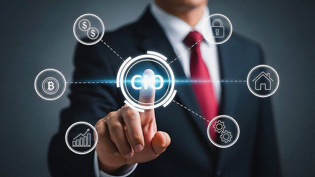 Cloud Computing and Digital Business Ecosystem: Businessman Activating Cloud Icon on Virtual Interface with Various Services