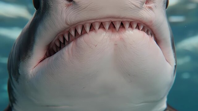 Close up of a shark's mouth and teeth underwater