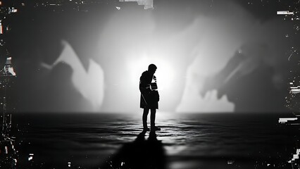 Silhouette of a person standing in a surreal, dark environment with a bright light source behind them, creating a dramatic effect