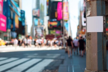 Obraz premium Blurred City Street Background with Blank White Poster Mockup on Rusty Pillar in Shallow Depth of Field, ideal for advertising and urban design overlay.