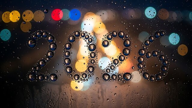 The year twenty twenty six formed by water droplets on glass with blurred city lights in background