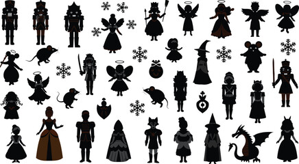 Nutcracker Christmas fantasy silhouettes with toy soldiers, angels, fairies, mice, princesses, wizard, and dragon, festive winter holiday vector illustration