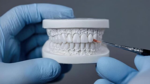 Dental model with a technician in blue gloves applying pink resin to the gums using a fine brush.