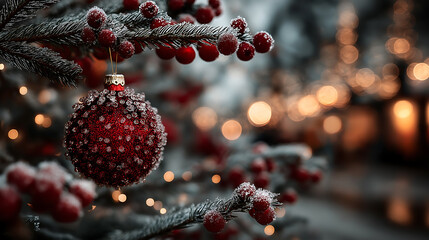 Close up of a red christmas ornament hanging on a frosted christmas tree branch