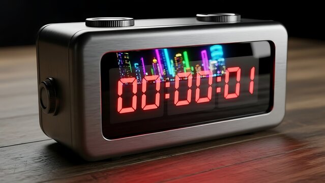 A digital clock displaying zero minutes and one second on a wooden surface with city lights behind