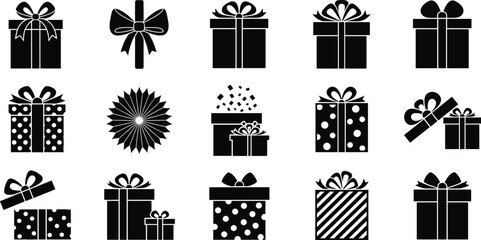 Set of black and white gift box icons with ribbons and bows, vector illustration of presents for birthday and Christmas celebrations