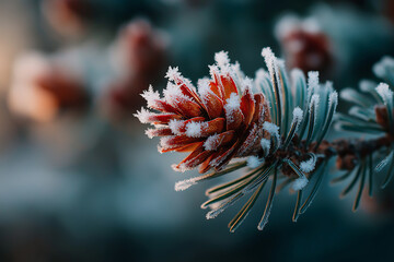 Close up of a pine cone covered in frost on a branch in winter season