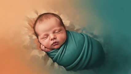 Peaceful newborn baby sweetly dreaming while swaddled in a cozy teal blanket on a soft background