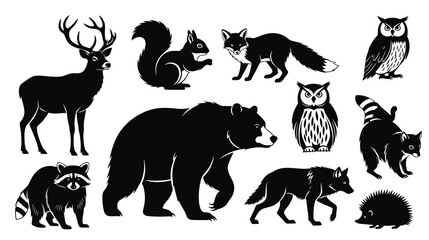 Collection of black silhouette woodland animals in various poses for design