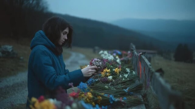 Woman in a blue jacket gazes at a row of colorful bouquets tied to a rural fence.