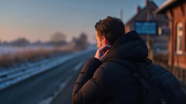 A man with a backpack stands on a snow-dusted train platform at dawn, gazing toward the foggy tracks.