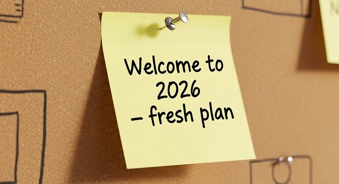 Yellow sticky note with welcome to 2026 fresh plan on board - Powered by Adobe