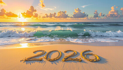 Obraz premium Bonne année 2026 : concept de nouvelle année 2026 avec un lever de soleil sur la plage et les chiffres 2026. 