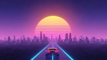 Retro futuristic cityscape with a glowing neon car driving towards a vibrant sunset