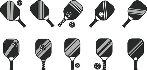 Set of pickleball paddles and balls in black and gray design, sports equipment vector illustration for recreation and tournament themes