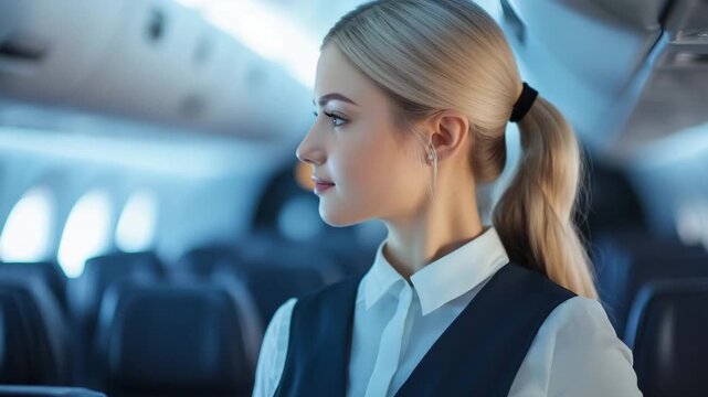 A flight attendant stands inside a commercial aircraft preparing to assist passengers as they board for their journey