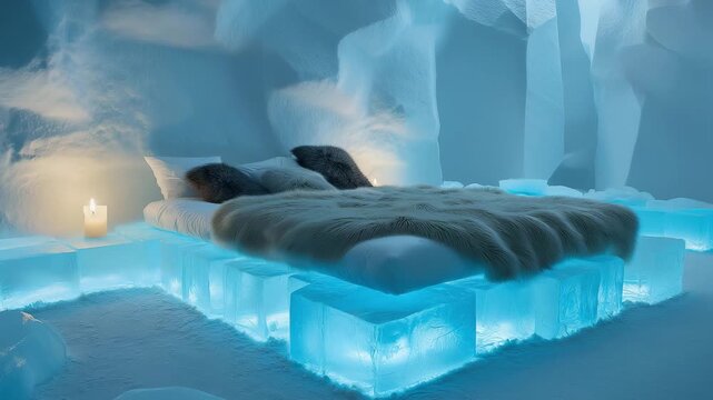 Explore an ice themed bedroom featuring a bed made of glowing ice blocks surrounded by a frosty atmosphere