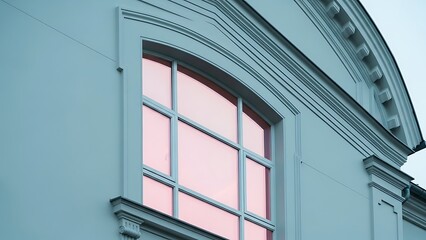 Architectural detail of a classic arched window with a pink sunset reflection on a white facade
