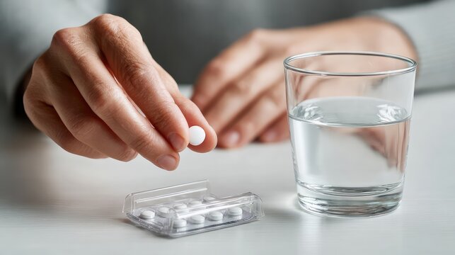 Hand holding several white tablets next to clear glass of water on white surface, suggesting medication or supplement intake in calm, clinical setting