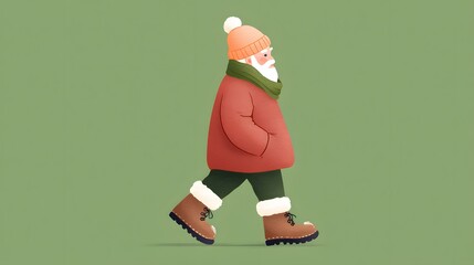 illustration flat style of a man with a beard in a winter coat walking on a green background.