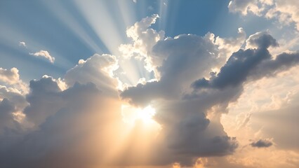 Dynamic sky with sunbeams piercing dense clouds, radiating in blue and golden tones for majestic depth