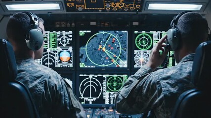 Two pilots in a cockpit looking at a complex display screen. - Powered by Adobe