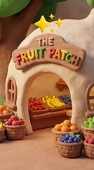 Fototapeta premium A vibrant fruit stand, overflowing with colorful produce. with eye-catching display. A cheerful sign welcomes customers to a marketplace filled with freshness and natural goodness.