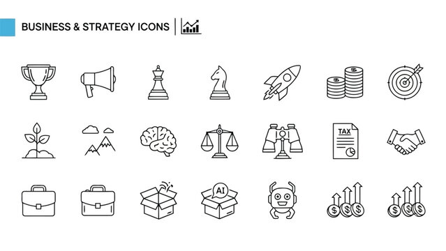 Vector illustration of business and strategy icons set of line style vector icons trophy, megaphone, chess, rocket, target, plant, brain, scale