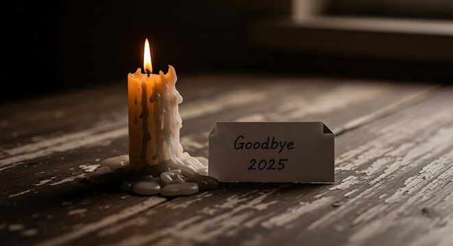 A lit candle and a goodbye card on a weathered wooden table - Powered by Adobe