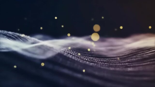 Abstract 3D Digital Wave Surface with Floating Bokeh Particles on Dark Background