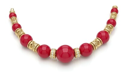 Elegant red beaded necklace with ornate gold details and sparkling gems isolated on a white background