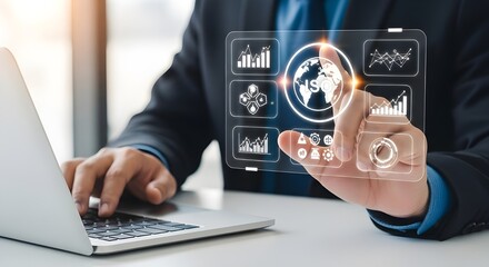 Businessman interacting with a futuristic holographic interface displaying data analytics