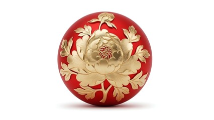 Elegant red circular ornament featuring an intricate gold peony flower carving, beautifully isolated on a pristine white background