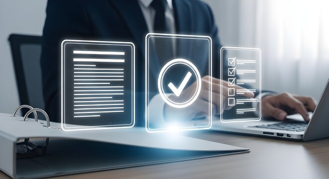 Businessman approving documents with digital tick representing compliance and agreement - Powered by Adobe