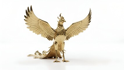 Obraz premium Golden Phoenix Sculpture with Extended Wings on White Background - Symbol of Rebirth and Prosperity