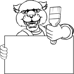A panther painter decorator handyman cartoon construction man mascot character holding a paint brush tool