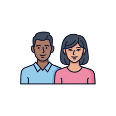 Fototapeta premium Adult couple illustration presenting man and woman shoulder to shoulder in front view. Adult couple in flat style illustration, perfect for representing relationship or family structure.