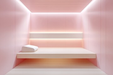 Futuristic minimalist pink sauna with soft lighting and modern bench design