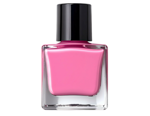 Pink nail polish in a clear, square glass bottle