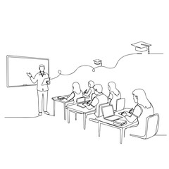 Adult education in minimalist line drawing showing lecturer standing at whiteboard with students at desks. Adult education concept illustration of knowledge transfer during lesson.
