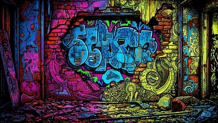 A Luminous Street Art Masterpiece Adorning a Weathered Brick Wall in a Derelict City Setting with Explosive Neon Colors