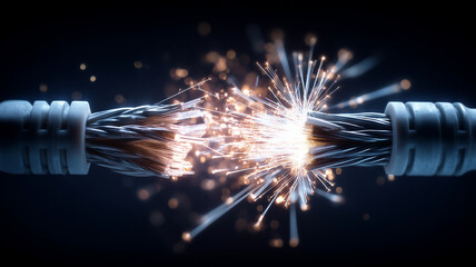 Two network cables cut and sparking, showing exposed wires and bright electrical sparks, symbolizing data loss, connection failure, and cybersecurity risk in dramatic, high contrast style