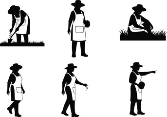Naklejka premium Gardening and harvesting silhouette illustrations with apron and hat, planting, inspecting, walking, pointing, produce handling poses